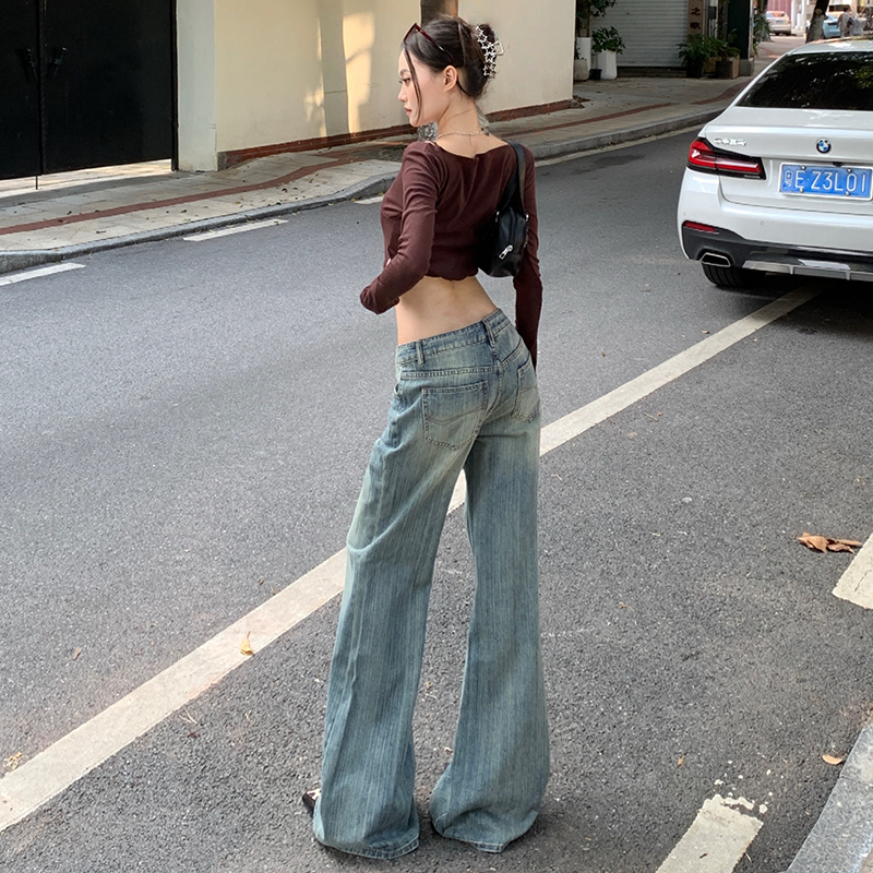 my重磅復古藍竹節紋微喇牛仔褲女不貼腿低腰寬松喇叭褲闊腿褲