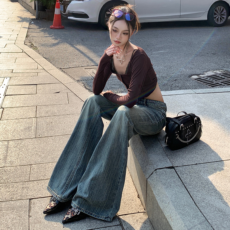 my重磅復古藍竹節紋微喇牛仔褲女不貼腿低腰寬松喇叭褲闊腿褲