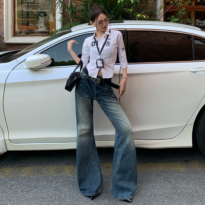 美式復古微喇牛仔褲女2025秋季新款低腰顯瘦不貼腿做舊直筒拖地褲