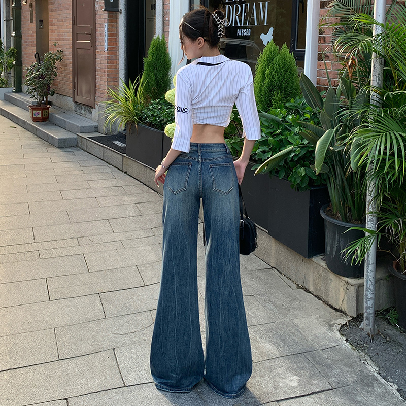 美式復古微喇牛仔褲女2025秋季新款低腰顯瘦不貼腿做舊直筒拖地褲