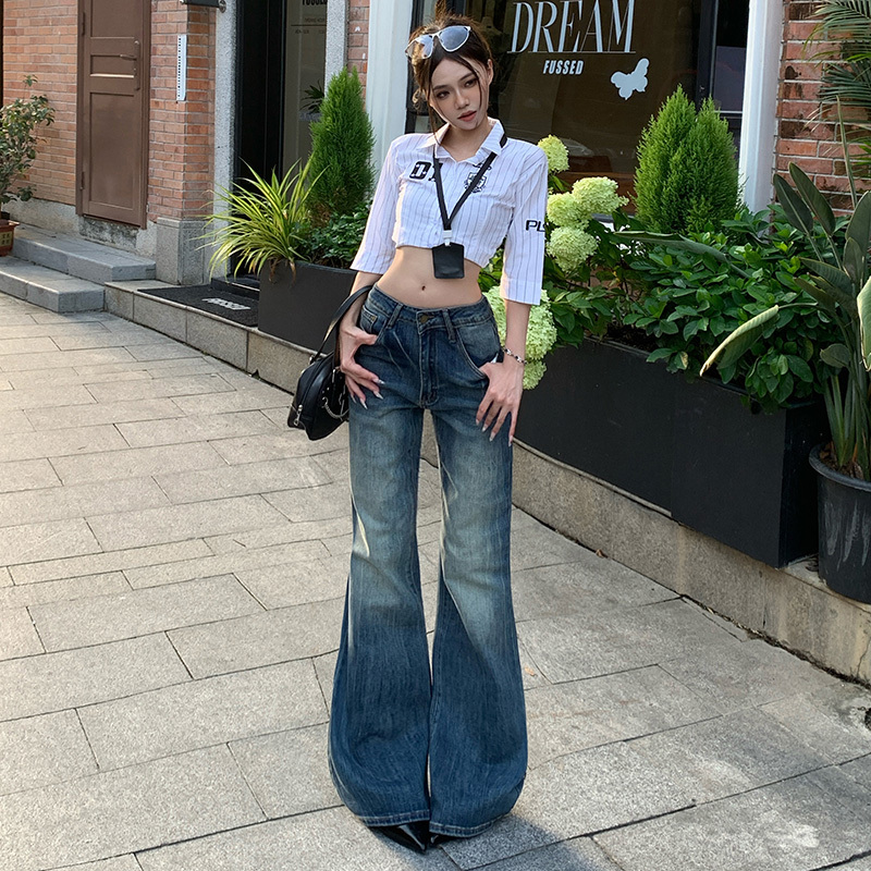 美式復古微喇牛仔褲女2025秋季新款低腰顯瘦不貼腿做舊直筒拖地褲