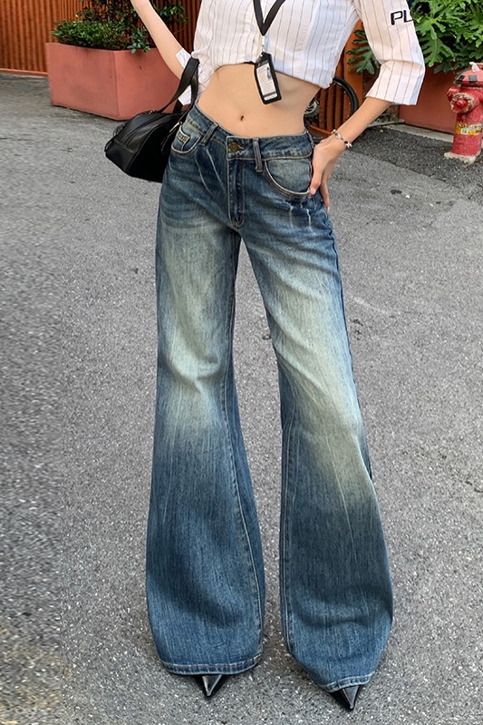 美式復古微喇牛仔褲女2025秋季新款低腰顯瘦不貼腿做舊直筒拖地褲