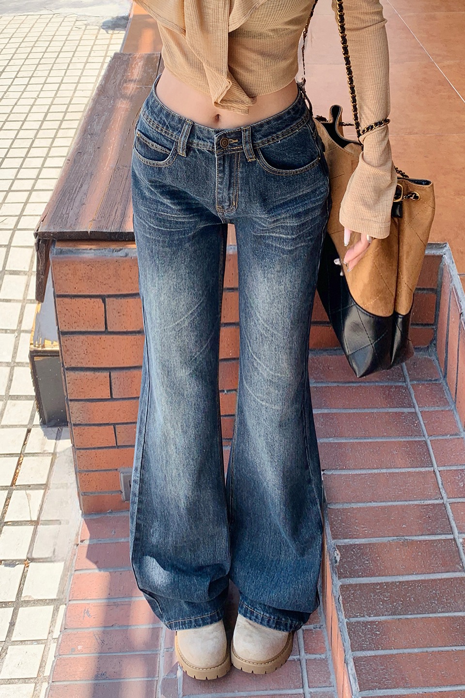 美式復古低腰辣妹喇叭褲修身顯瘦秋冬貓紋垂感百搭牛仔褲女