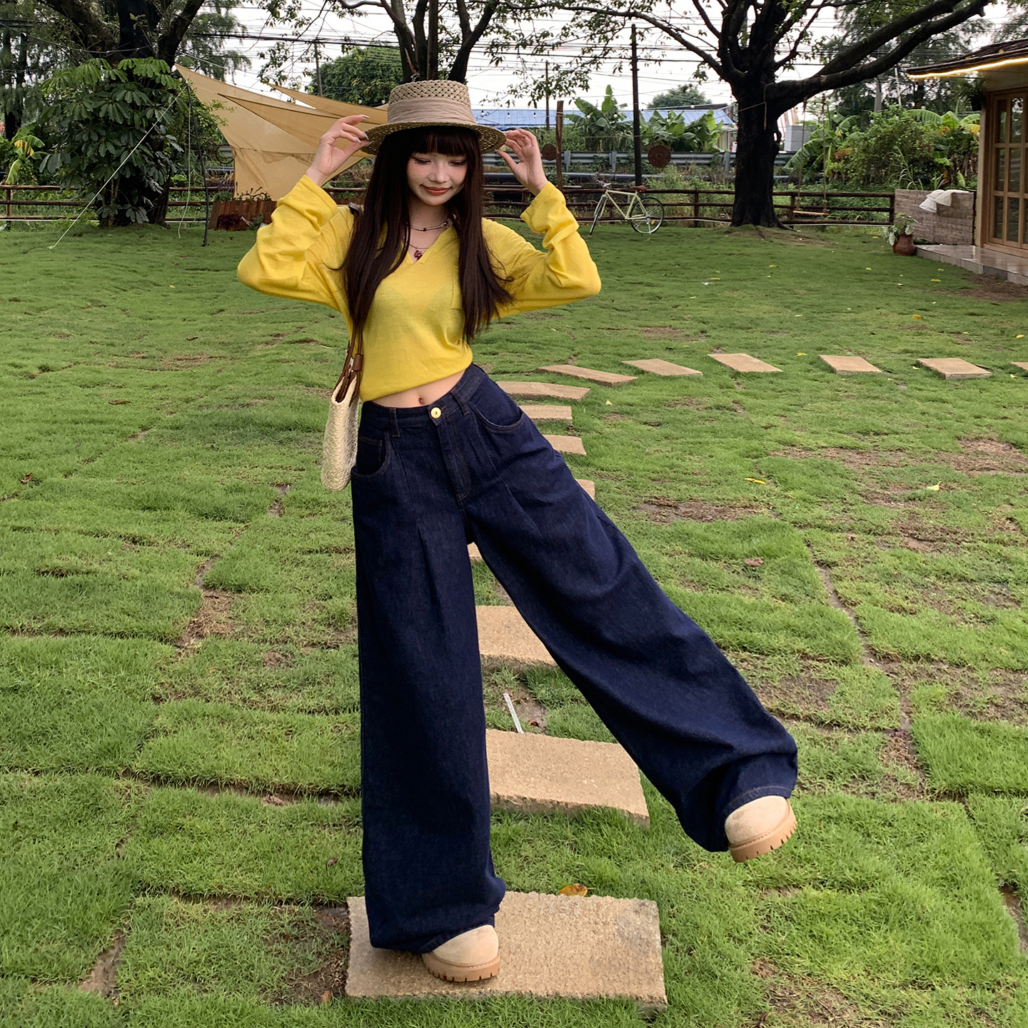 美式復古高腰寬松闊腿褲女秋季新款垂感拖地百搭秋冬直筒牛仔褲子