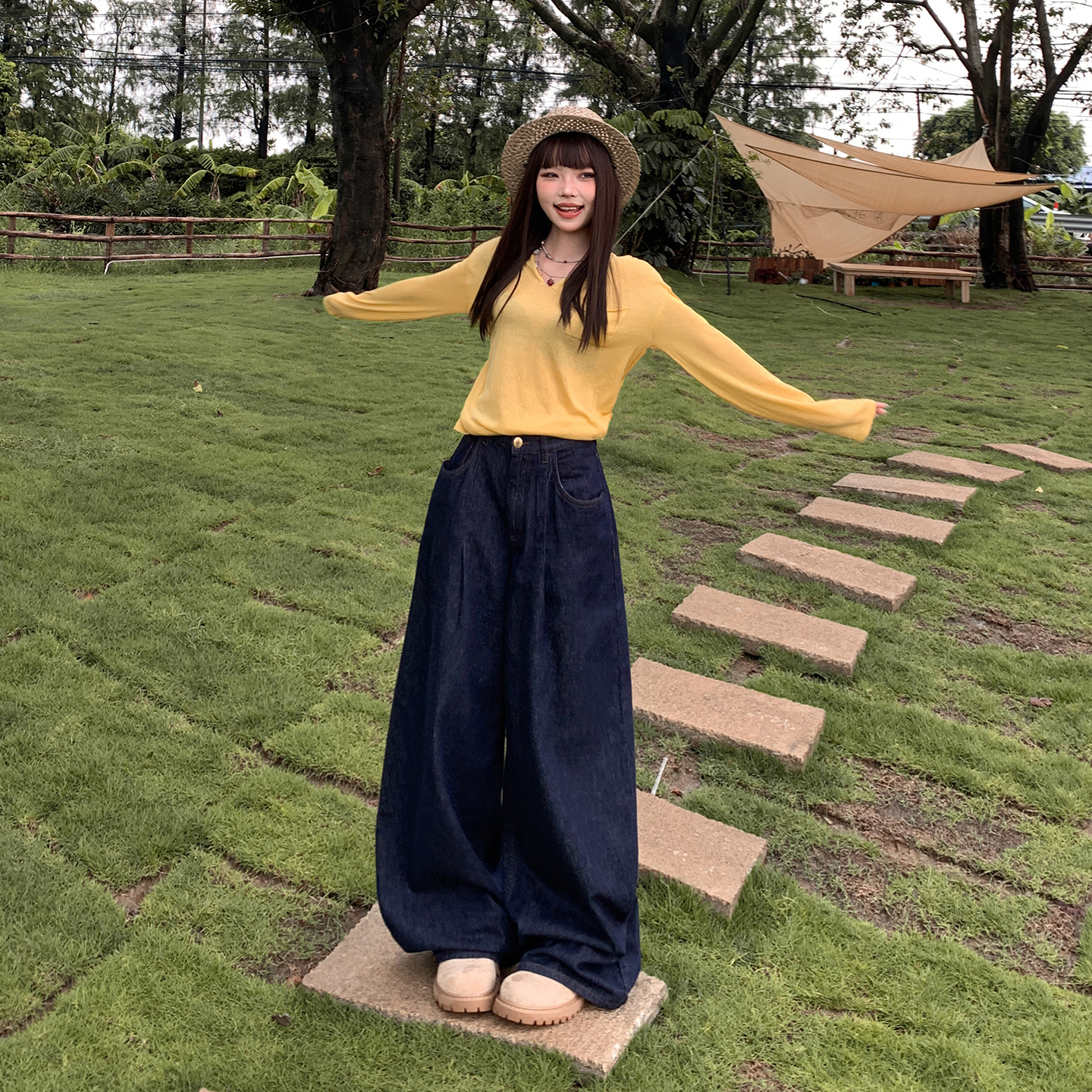 美式復古高腰寬松闊腿褲女秋季新款垂感拖地百搭秋冬直筒牛仔褲子