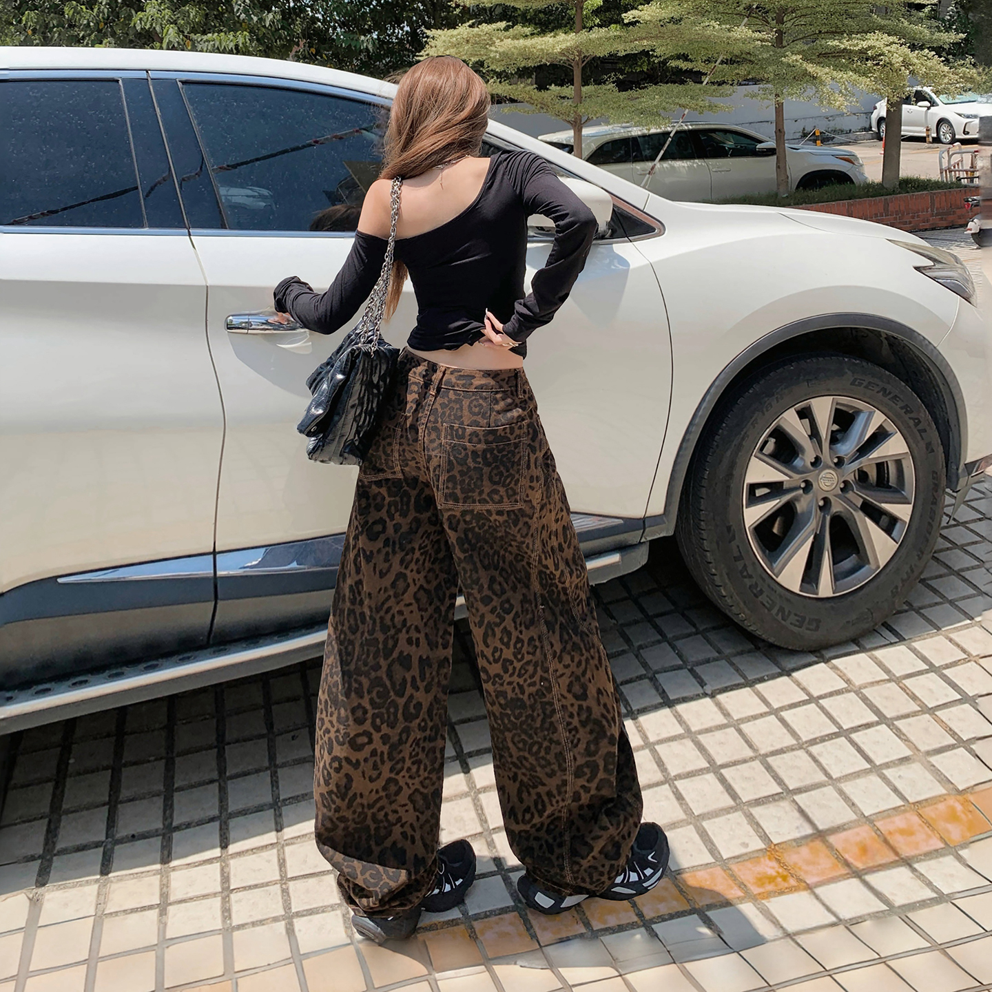 美式復古寬松闊腿褲女2025秋冬新款百搭豹紋彎刀褲小眾鐮刀牛仔褲