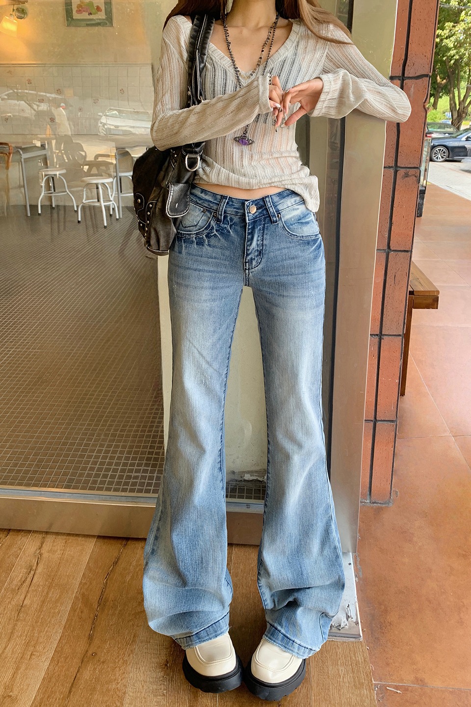 美式復古低腰微喇牛仔褲女2025秋季新款辣妹百搭修身顯瘦拖地褲子