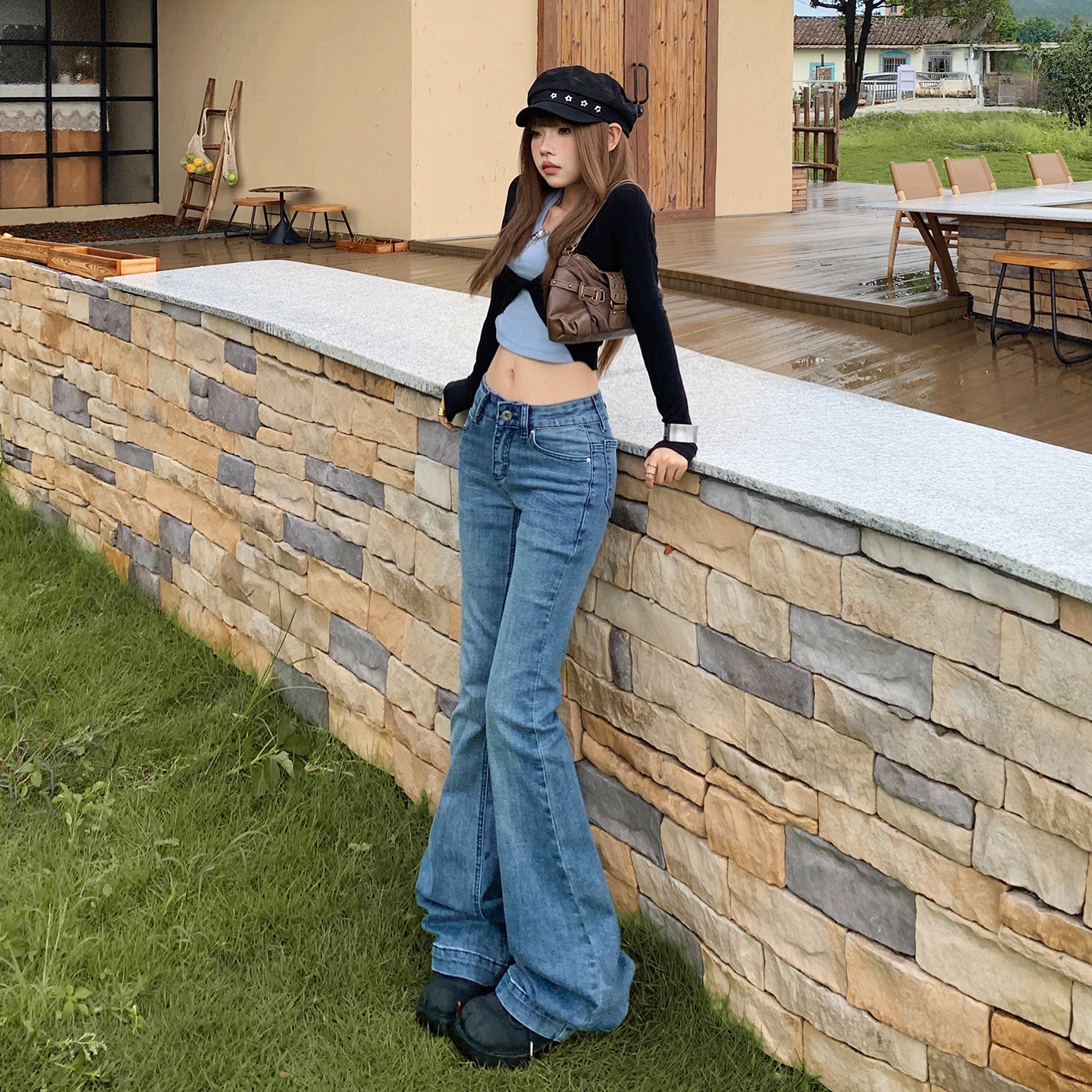 美式復古低腰辣妹喇叭褲女秋冬新款修身顯瘦百搭彈力微喇牛仔褲女