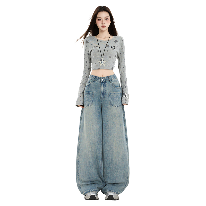 美式復古設計感刺繡闊腿牛仔褲女2025秋季新款時尚百搭寬松直筒褲