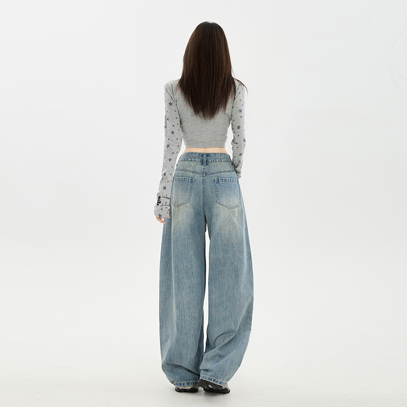 美式復古設計感刺繡闊腿牛仔褲女2025秋季新款時尚百搭寬松直筒褲