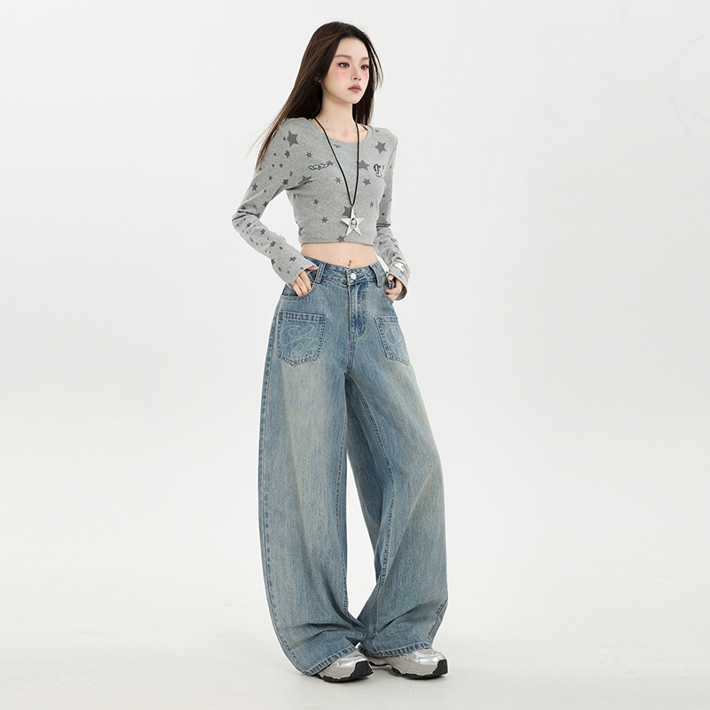 美式復古設計感刺繡闊腿牛仔褲女2025秋季新款時尚百搭寬松直筒褲