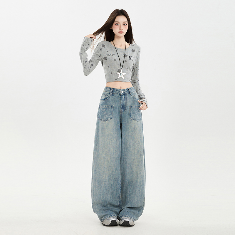 美式復古設計感刺繡闊腿牛仔褲女2025秋季新款時尚百搭寬松直筒褲
