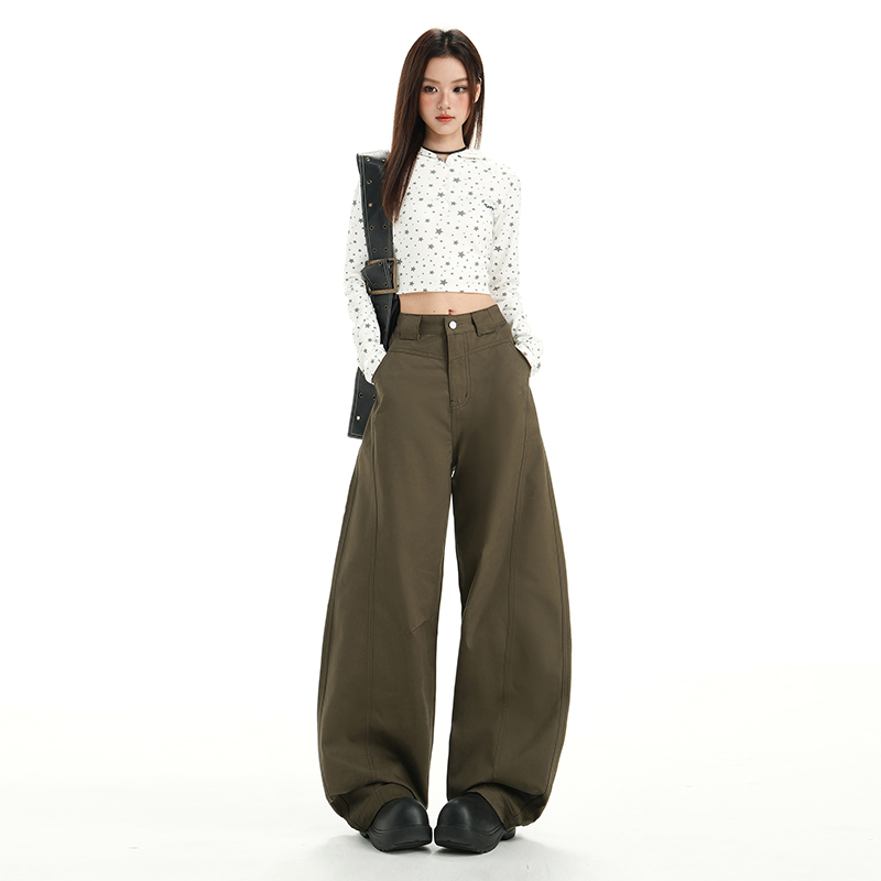 美式綠色闊腿彎刀牛仔褲女2025秋季新款百搭寬松直筒工裝鐮刀褲子