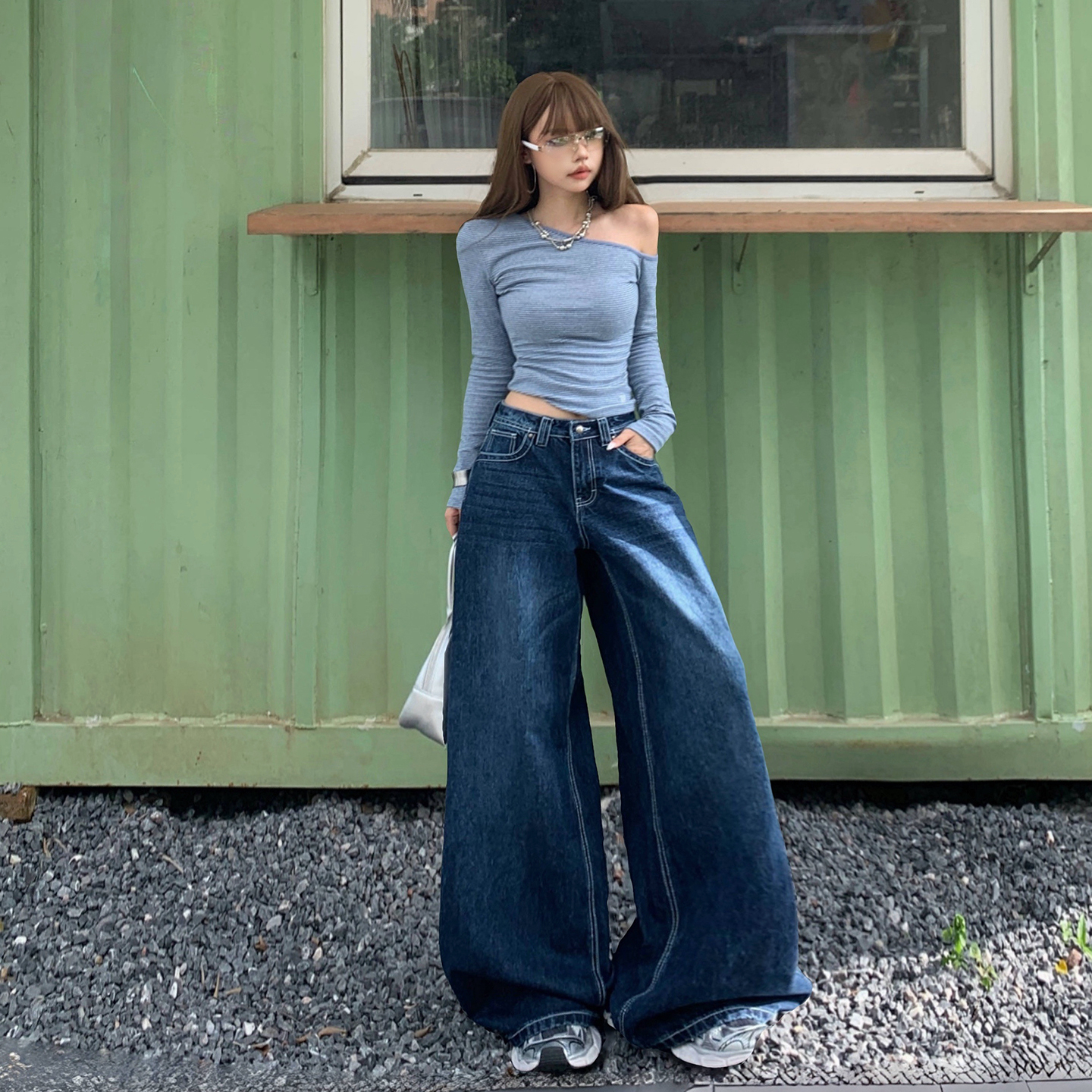 美式復古深藍色闊腿牛仔褲女秋季新款高腰寬松顯瘦垂感直筒拖地褲