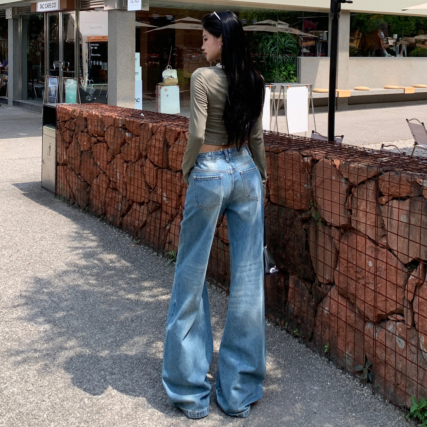 立體口袋折痕美式水洗牛仔褲女秋冬季新款寬松顯瘦直筒拖地闊腿褲