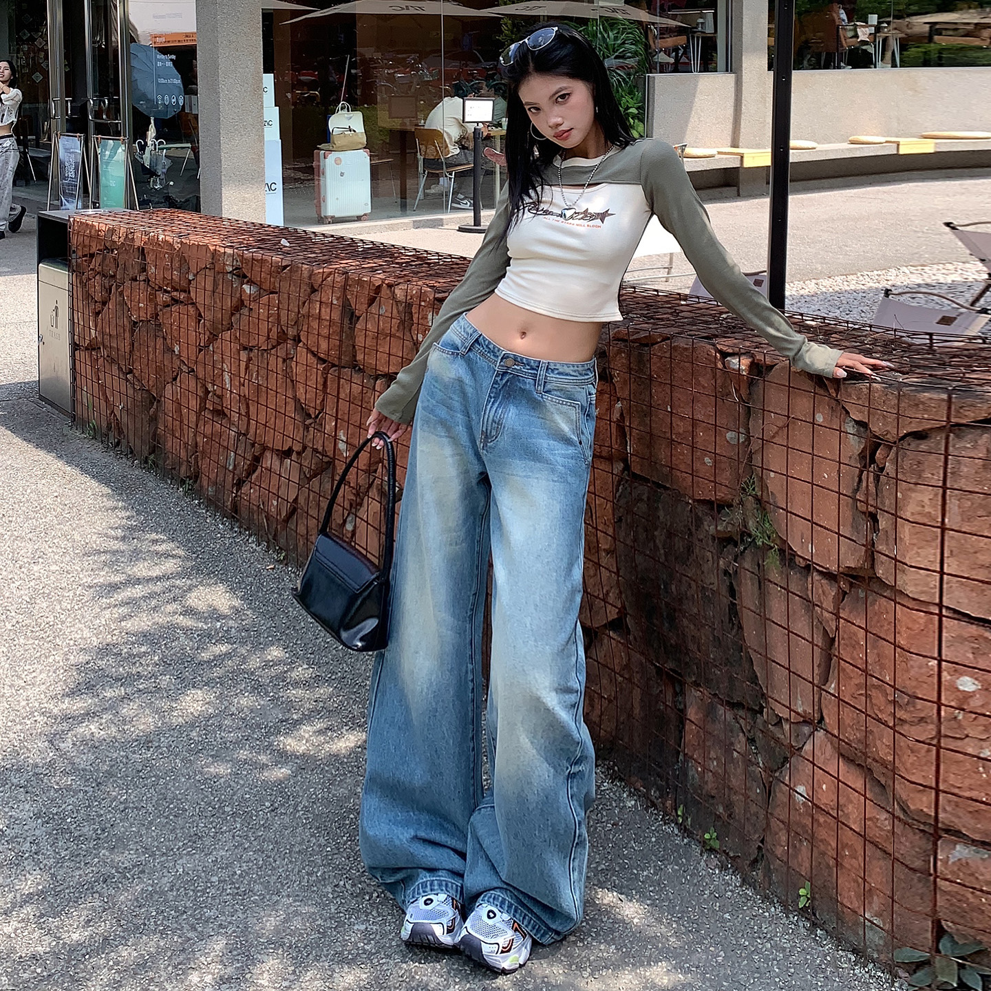 立體口袋折痕美式水洗牛仔褲女秋冬季新款寬松顯瘦直筒拖地闊腿褲