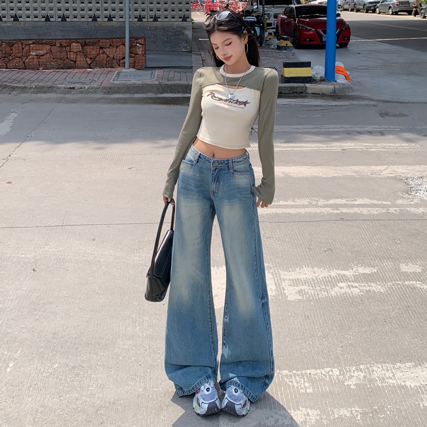 立體口袋折痕美式水洗牛仔褲女秋冬季新款寬松顯瘦直筒拖地闊腿褲