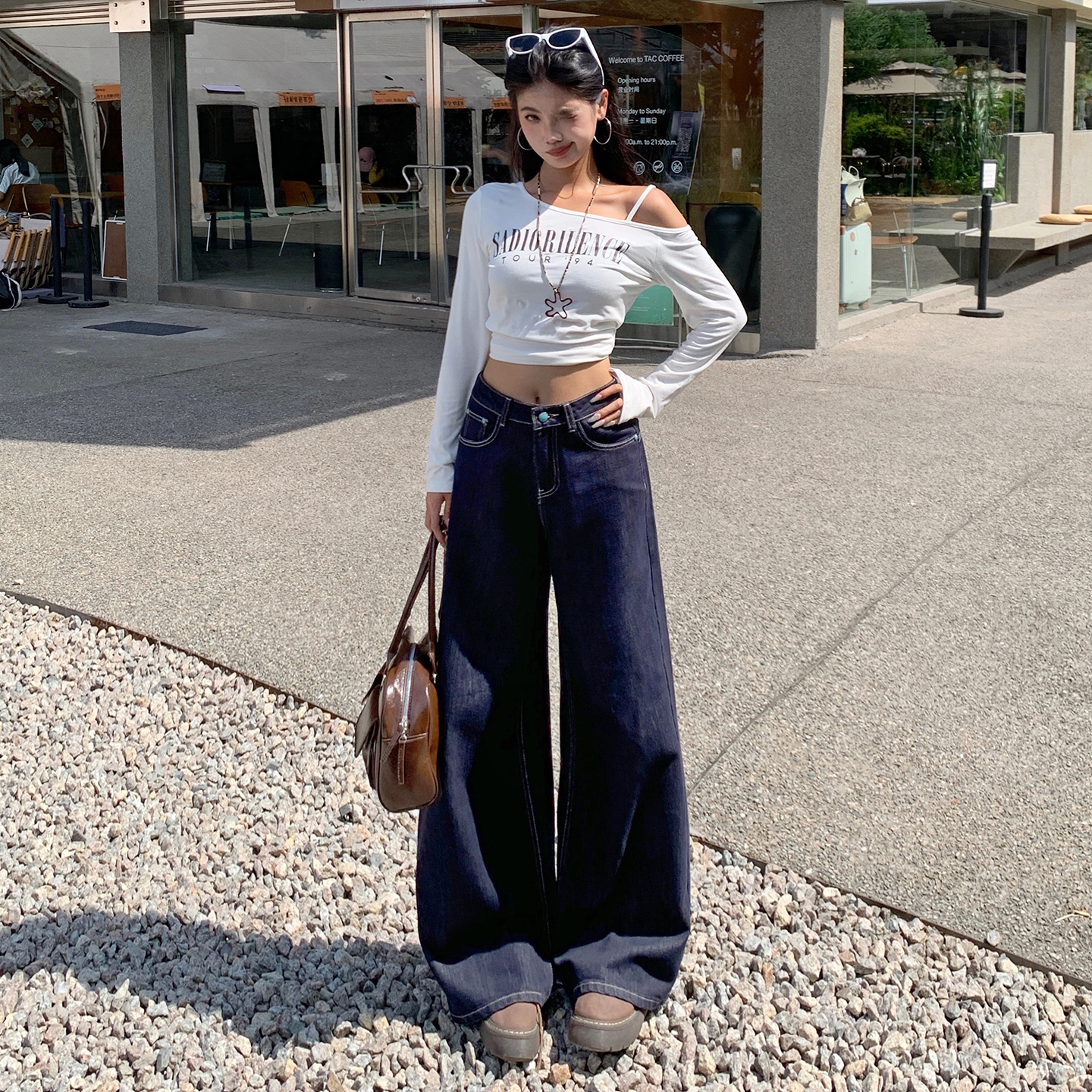 原石紐扣孔雀綠口袋分割設計感女秋寬松防掉色闊腿復古原色牛仔褲