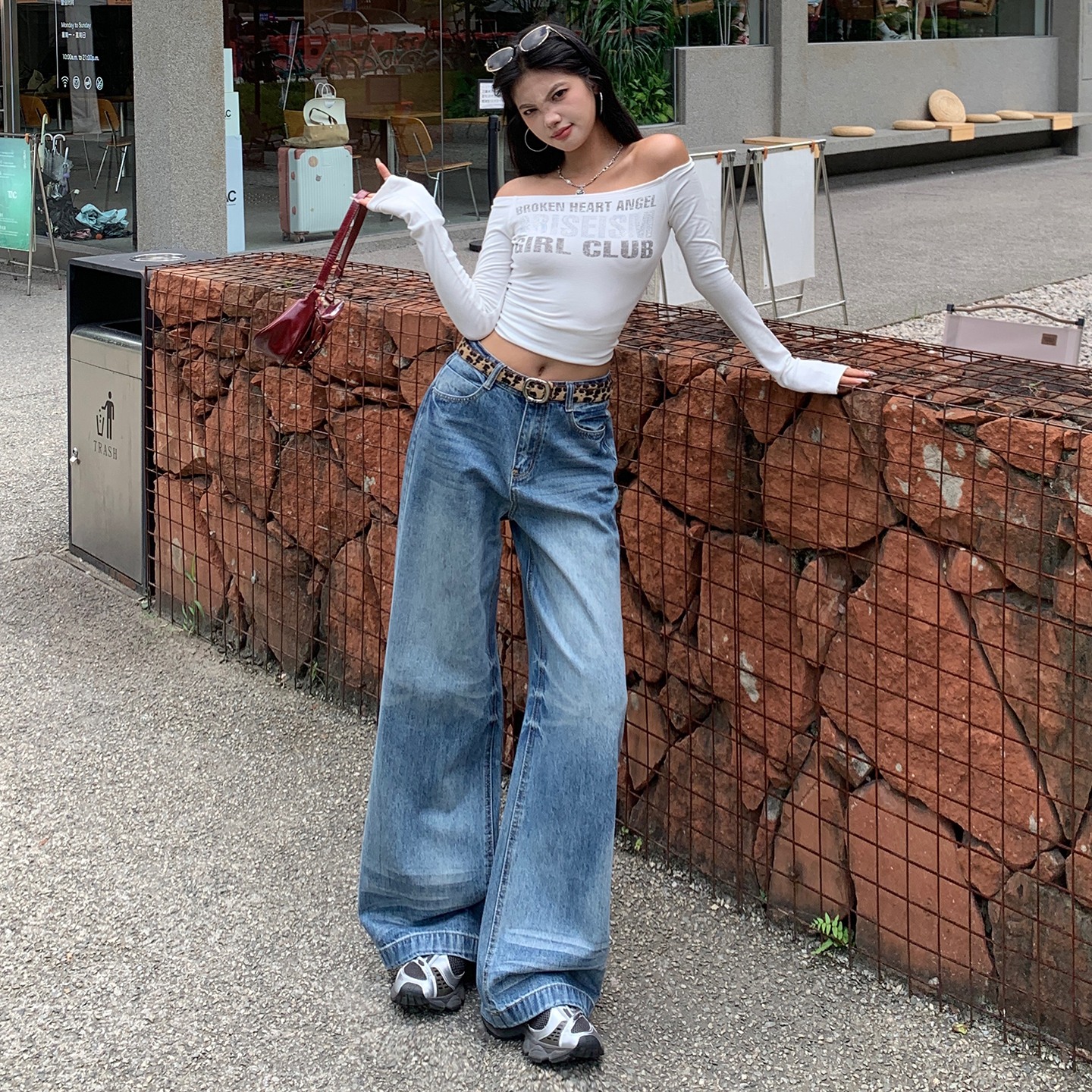 美式直筒闊腿褲水洗牛仔褲女2025年秋季新款磨白寬松顯瘦低腰褲子