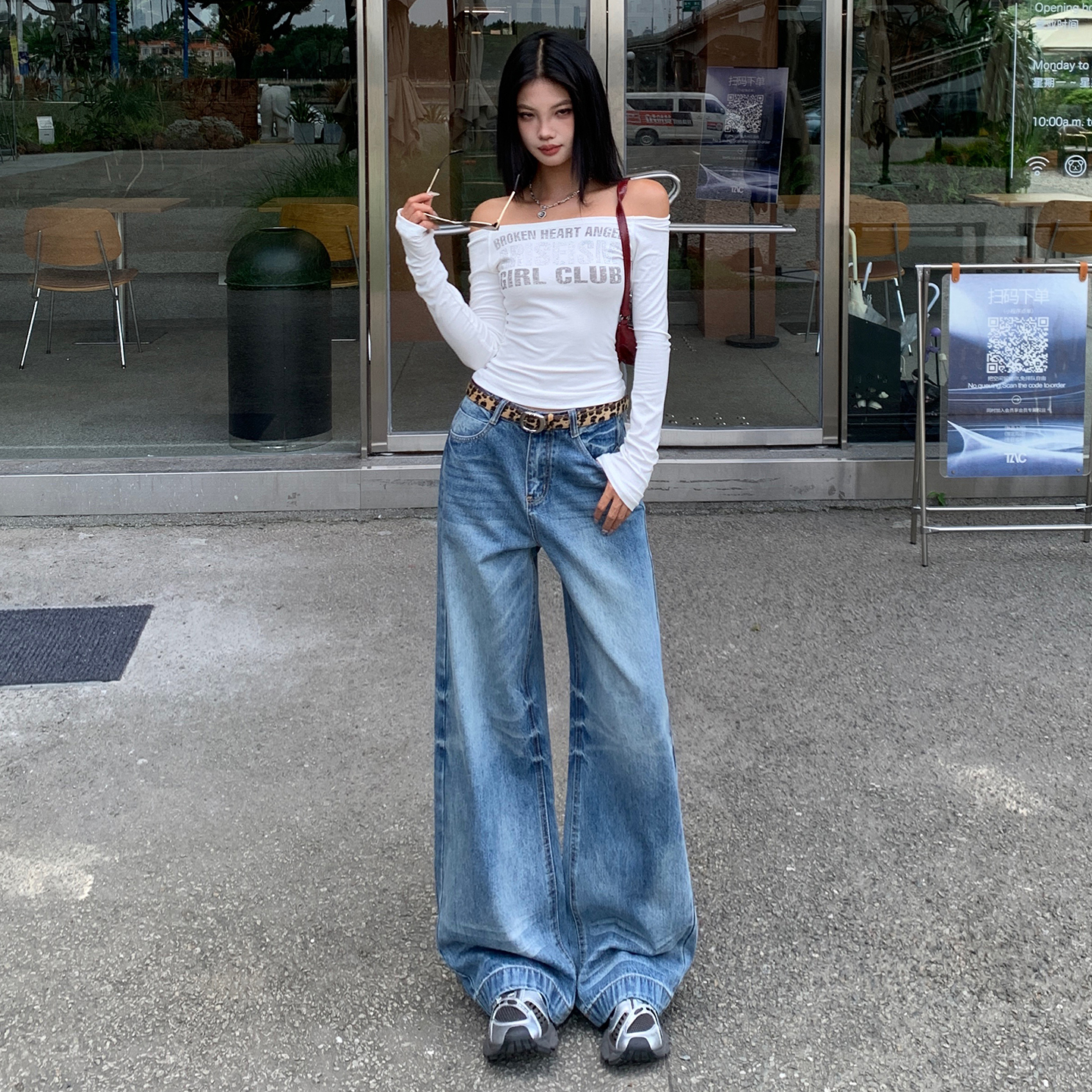 美式直筒闊腿褲水洗牛仔褲女2025年秋季新款磨白寬松顯瘦低腰褲子
