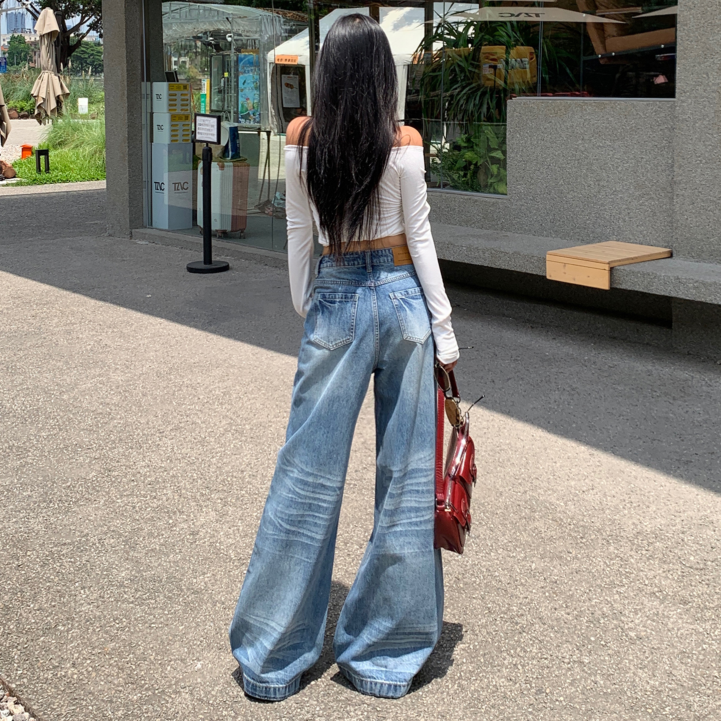 美式直筒闊腿褲水洗牛仔褲女2025年秋季新款磨白寬松顯瘦低腰褲子