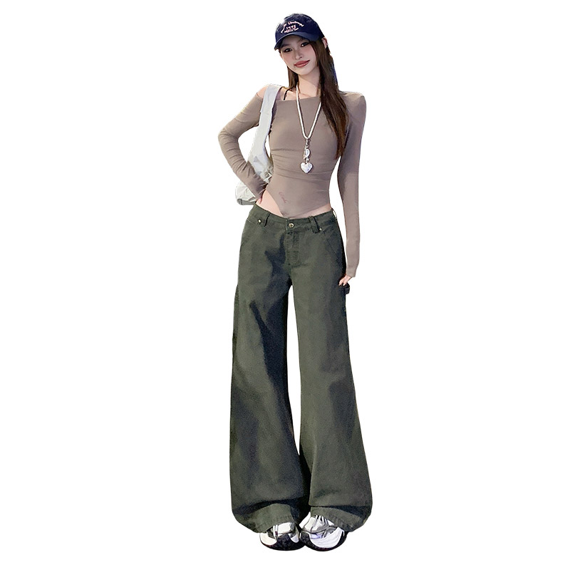 美式復古軍綠色工裝牛仔褲女2025秋季新款低腰直筒寬松垂感闊腿褲