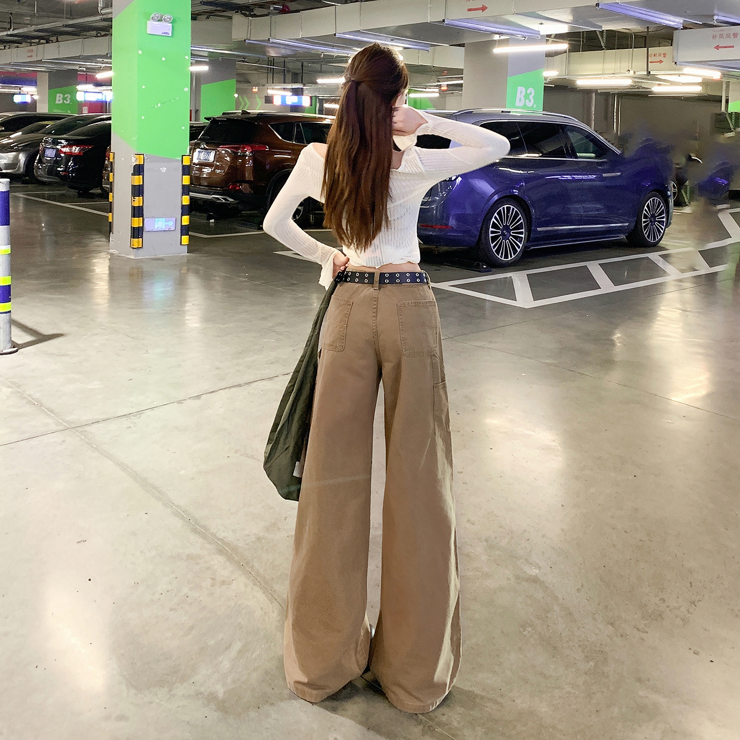 美式復古軍綠色工裝牛仔褲女2025秋季新款低腰直筒寬松垂感闊腿褲