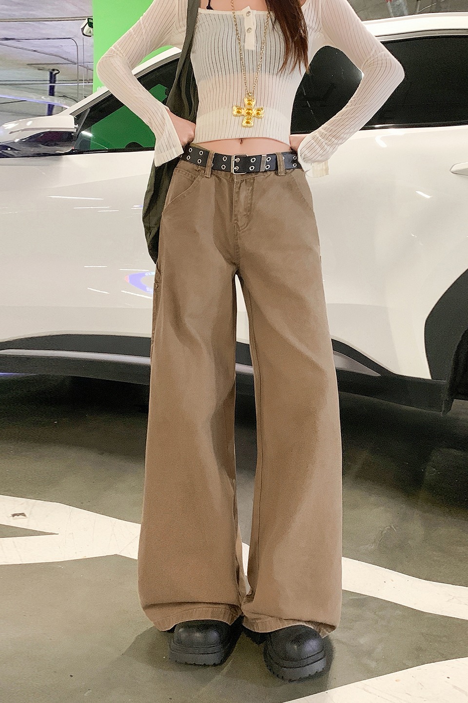 美式復古軍綠色工裝牛仔褲女2025秋季新款低腰直筒寬松垂感闊腿褲