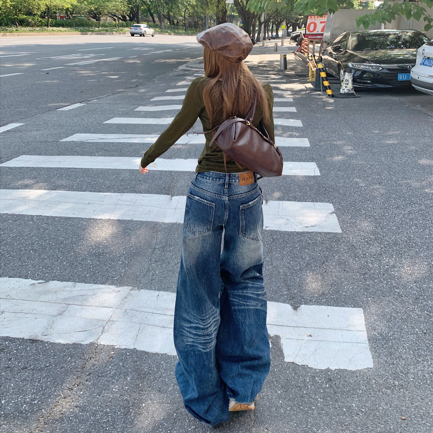 美式復古寬松闊腿褲女2025秋冬新款百搭褶皺感漸變顯瘦百搭牛仔褲
