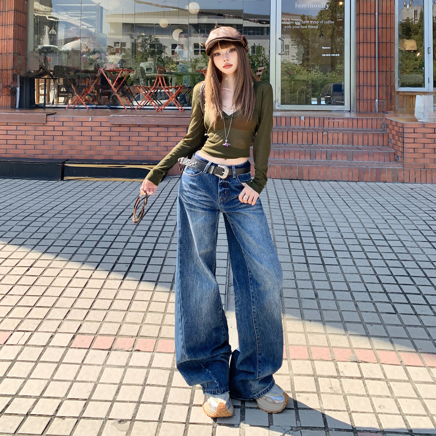 美式復古寬松闊腿褲女2025秋冬新款百搭褶皺感漸變顯瘦百搭牛仔褲