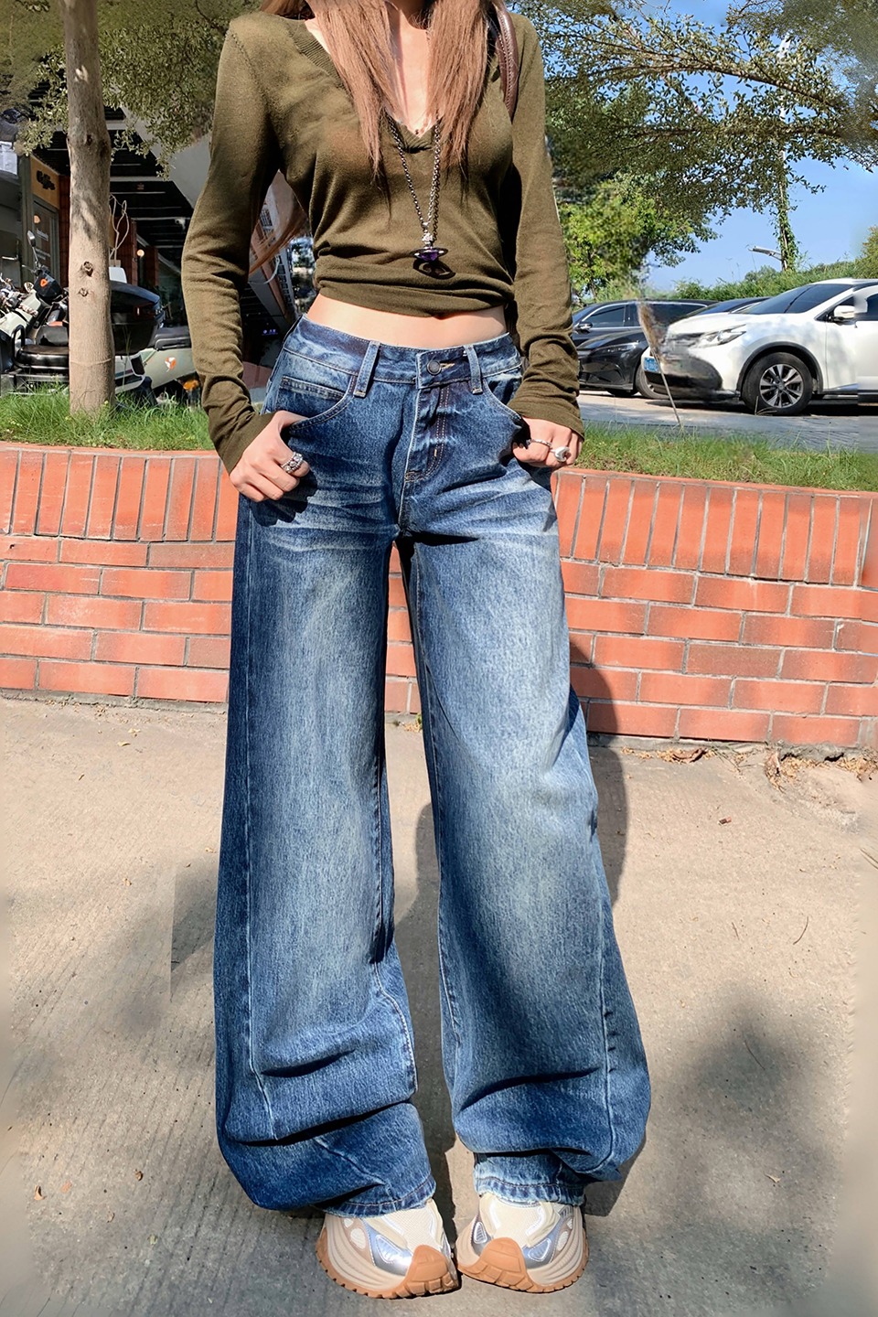 美式復古寬松闊腿褲女2025秋冬新款百搭褶皺感漸變顯瘦百搭牛仔褲