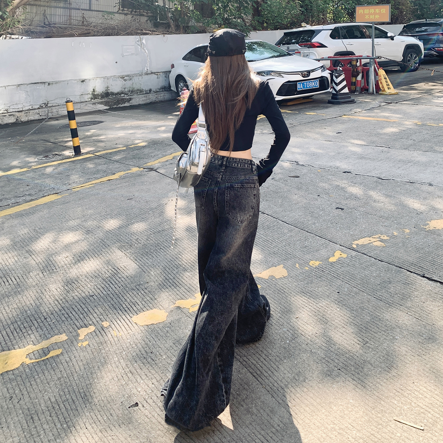 美式復古高腰闊腿牛仔褲女2025秋冬季新款設計感折痕慵懶百搭褲子