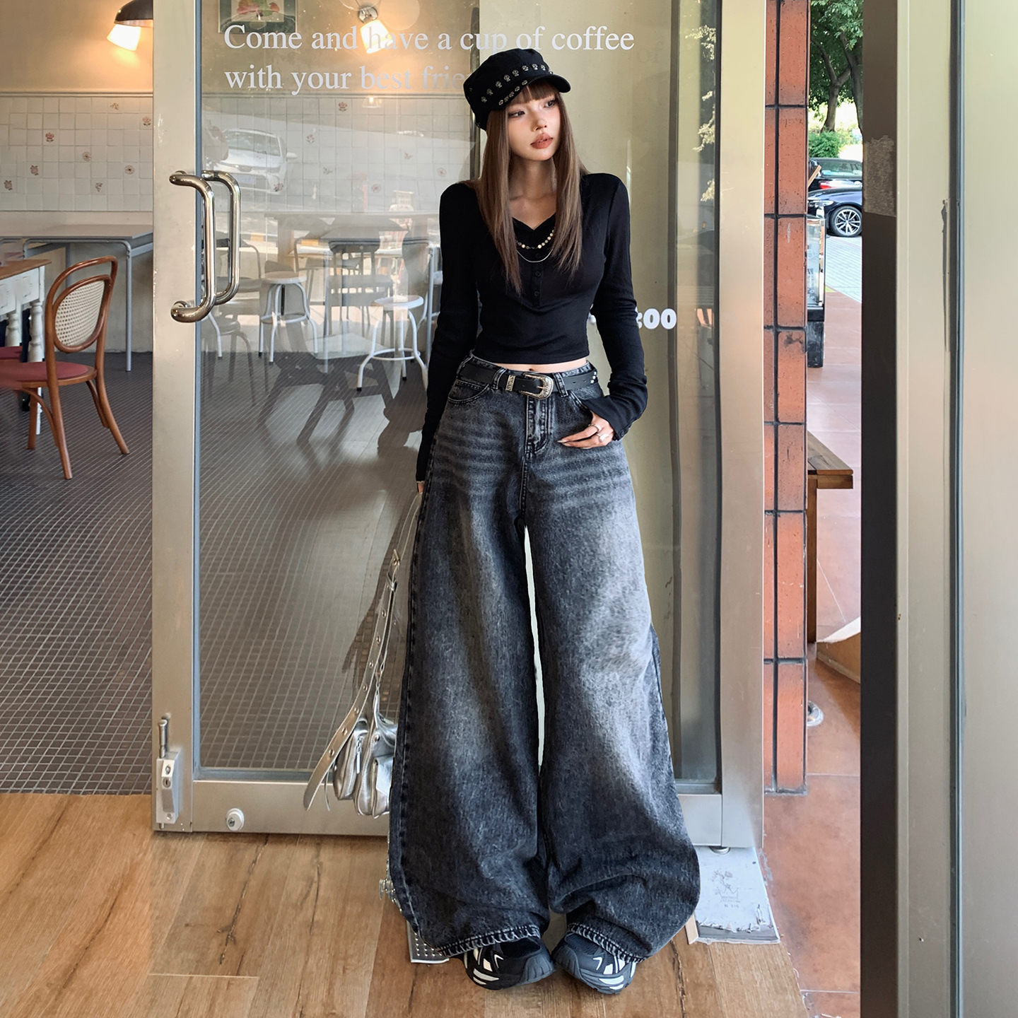美式復古高腰闊腿牛仔褲女2025秋冬季新款設計感折痕慵懶百搭褲子