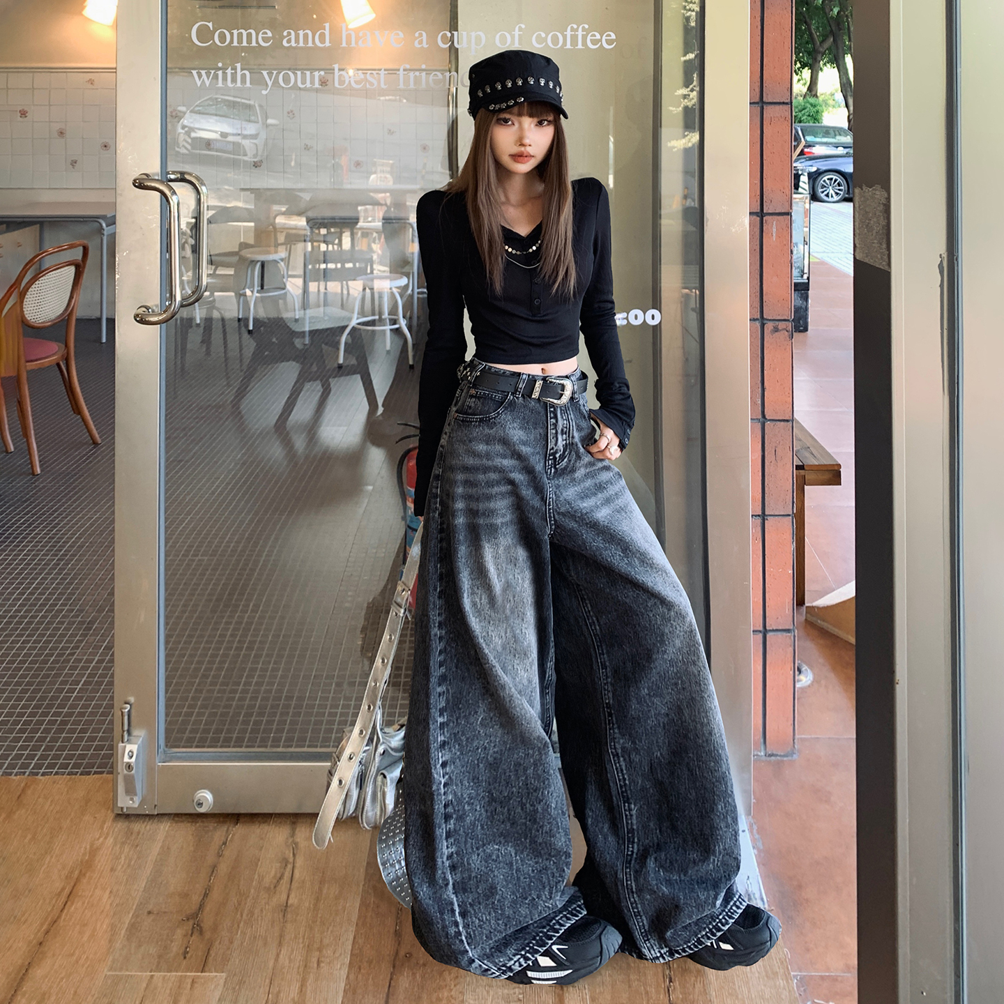 美式復古高腰闊腿牛仔褲女2025秋冬季新款設計感折痕慵懶百搭褲子