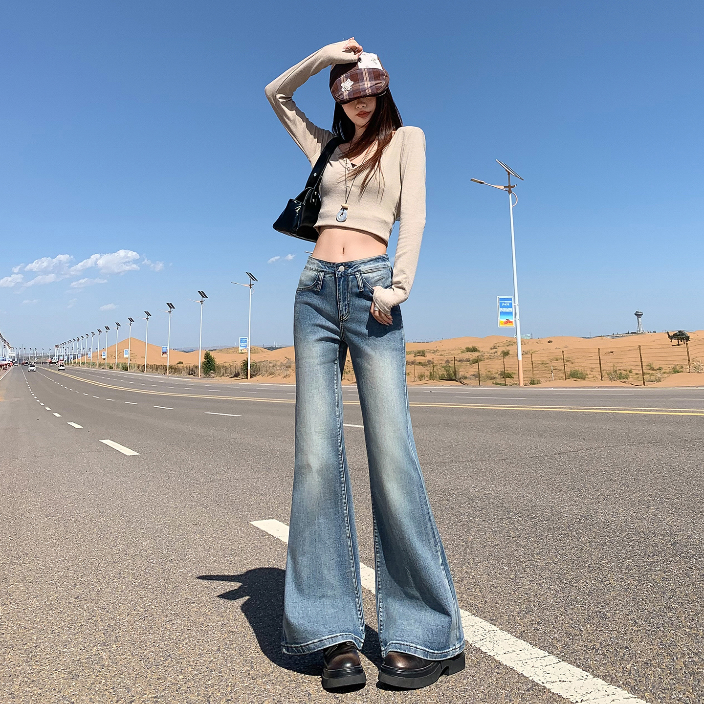 美式設計感竹節紋微喇叭牛仔褲女2025秋冬季新款顯瘦寬松拖地褲子