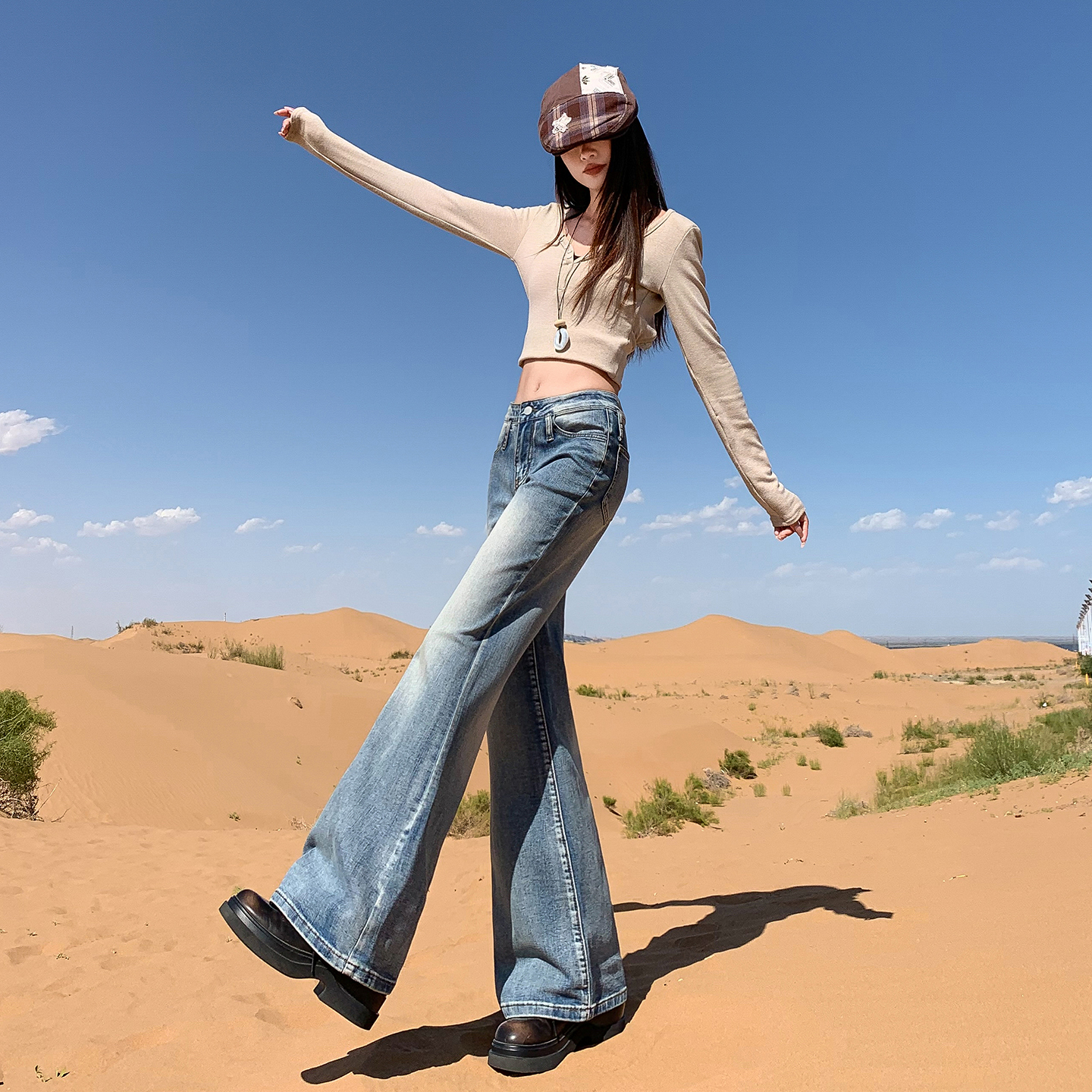 美式設計感竹節紋微喇叭牛仔褲女2025秋冬季新款顯瘦寬松拖地褲子
