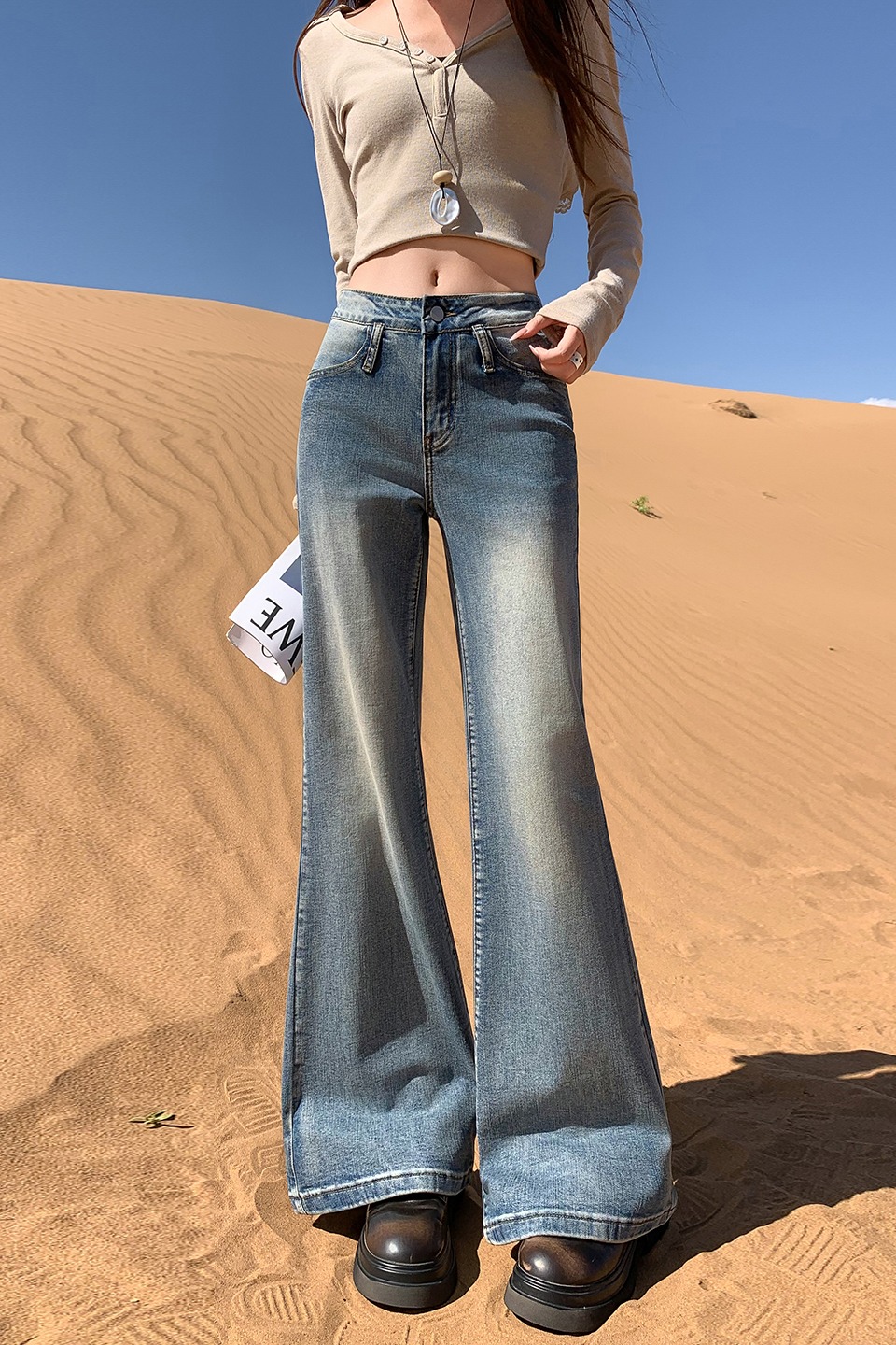 美式設計感竹節紋微喇叭牛仔褲女2025秋冬季新款顯瘦寬松拖地褲子