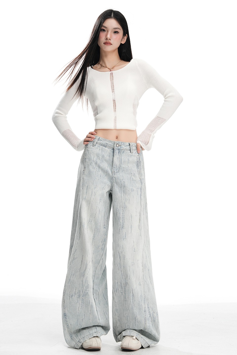 美式提花高腰闊腿牛仔褲女2025秋季新款寬松顯瘦辣妹風垂感拖地褲