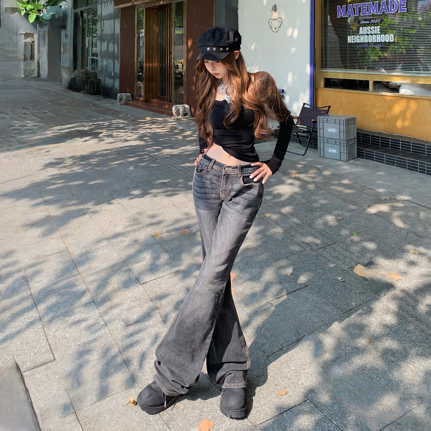 美式復古低腰辣妹喇叭褲女2025秋冬季新款修身顯瘦彈力百搭牛仔褲