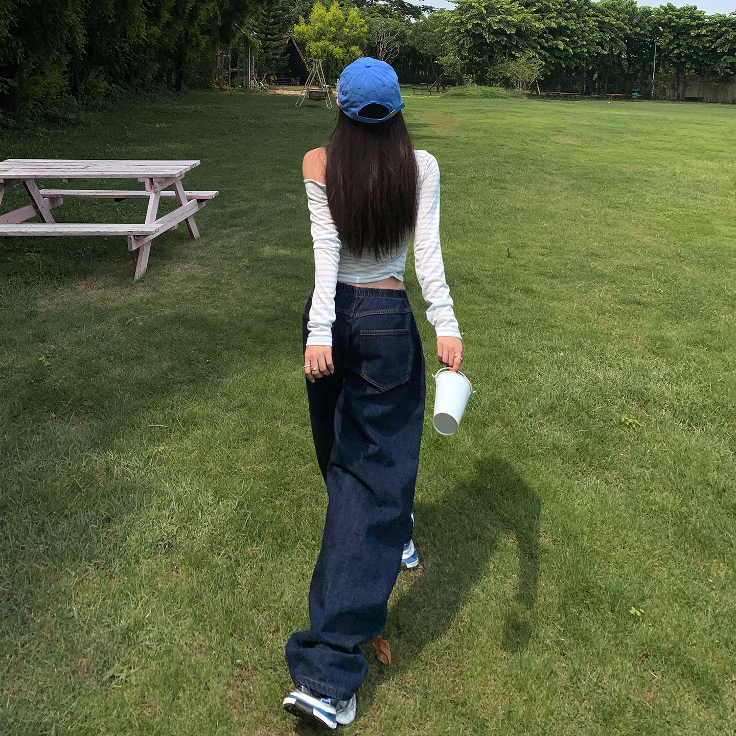 美式復古寬松顯瘦抽繩香蕉褲女秋冬新款百搭垂感闊腿彎刀牛仔褲子