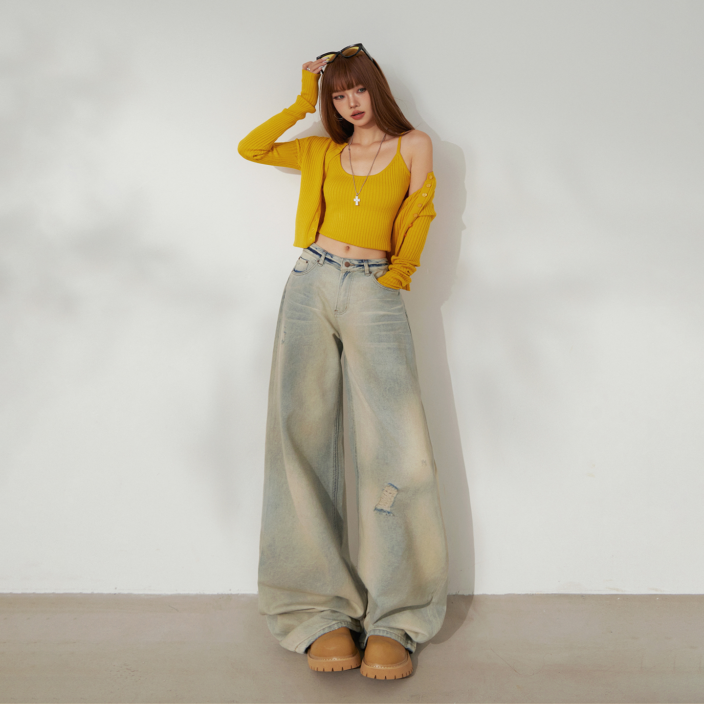 美式復懷舊磨破寬松闊腿褲女2025秋冬新款垂感百搭直筒拖地牛仔褲