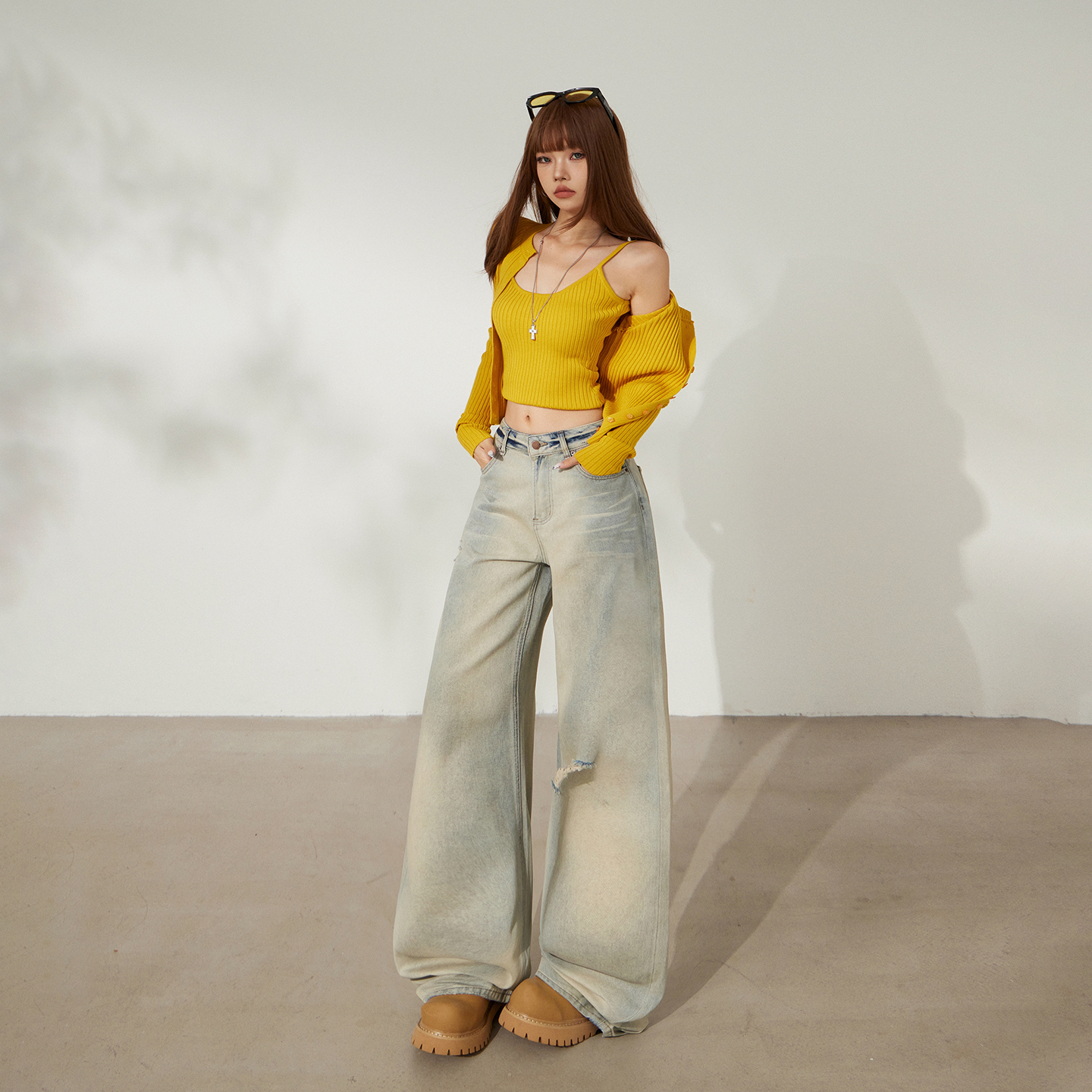 美式復懷舊磨破寬松闊腿褲女2025秋冬新款垂感百搭直筒拖地牛仔褲