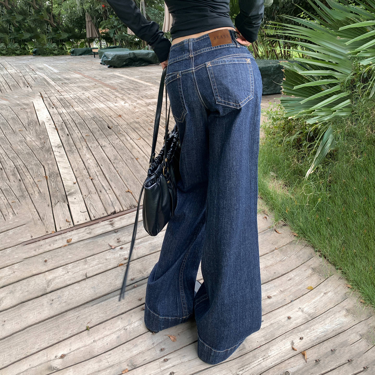 低腰丹寧原色修身牛仔褲女秋新款美式復古雙扣寬松百搭垂感喇叭褲