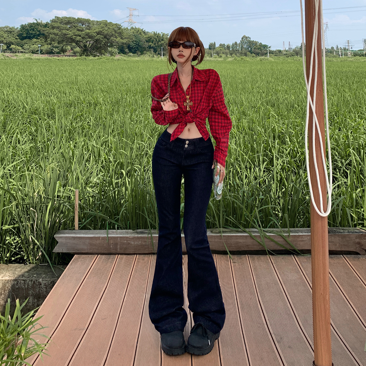 美式復古辣妹低腰雙扣修身喇叭褲女2025秋冬季新款百搭彈力牛仔褲
