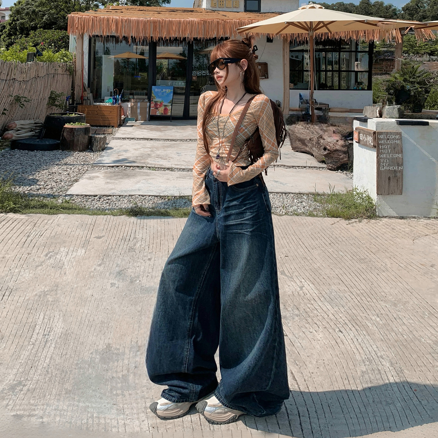 美式復古水洗貓紋高腰寬松闊腿褲女秋冬新款垂感百搭直筒牛仔褲女