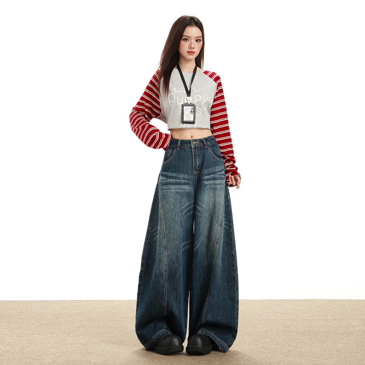 復古藍美式高街廓形水洗牛仔褲男女2025新款彎刀拖地牛仔褲長褲