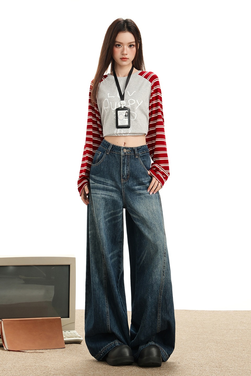 復古藍美式高街廓形水洗牛仔褲男女2025新款彎刀拖地牛仔褲長褲