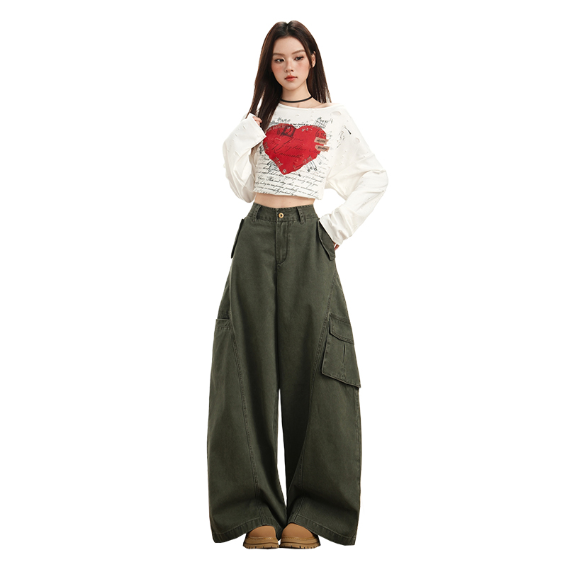 美式復古工裝牛仔褲女秋冬新款設計不對稱口袋立體廓形休閑闊腿褲