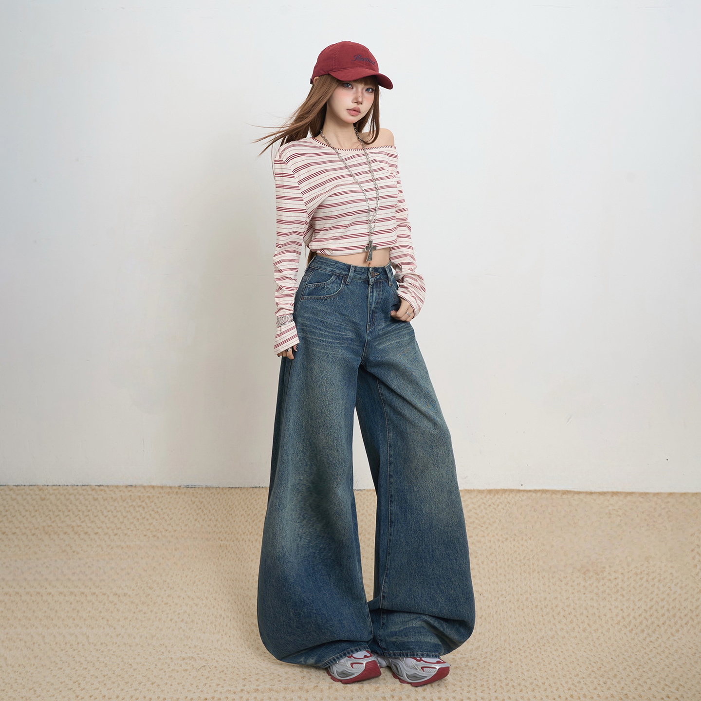美式復古高腰寬松闊腿褲女2025秋冬季新款百搭垂感拖地直筒牛仔褲