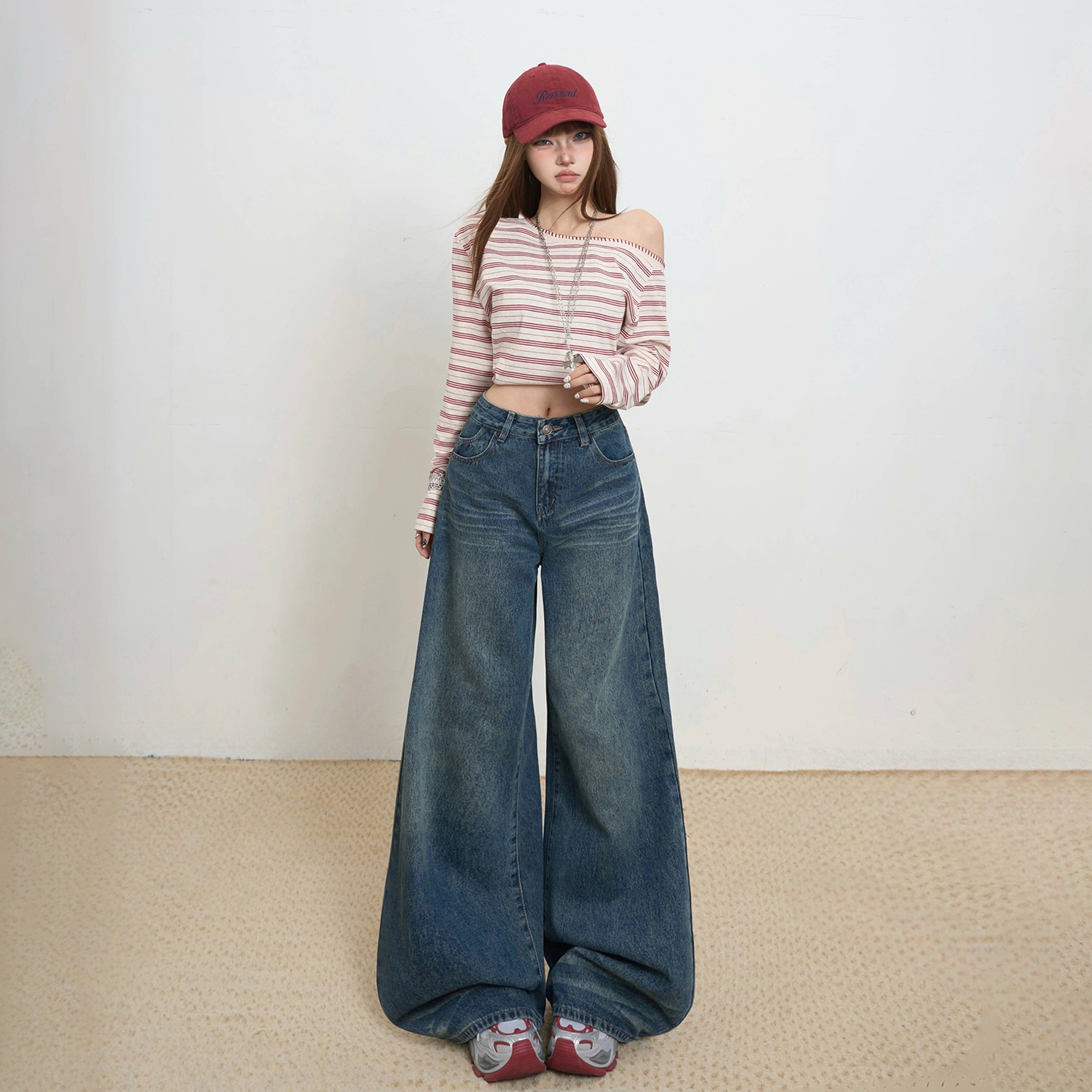 美式復古高腰寬松闊腿褲女2025秋冬季新款百搭垂感拖地直筒牛仔褲